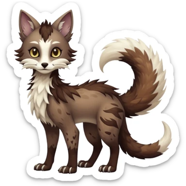 Kawaii dark edgy brown beige white fantasy ethereal feline-vernid-sergal-rocruff-fursona animal creature with a tufted tail full body with intricate markings  sticker