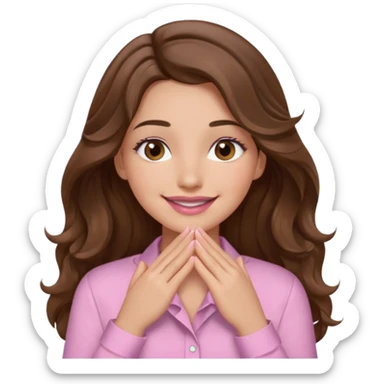 girl with wavy long brown hair, brown eyes, light to medium complexion, long lashes, light pink lipstick, wearing light pink shirt, smiling, hands covering over the eyes sticker