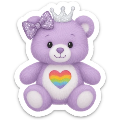 Add a glittery bow that sparkles to the purple and white teddy bear with a heart-shaped rainbow patch and a white crown. Keep the bear soft and plush, with no shadows and flat lighting. Remove the background. sticker