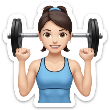 brunette female athlete in light blue, lifting weights, cheerful, plain background sticker