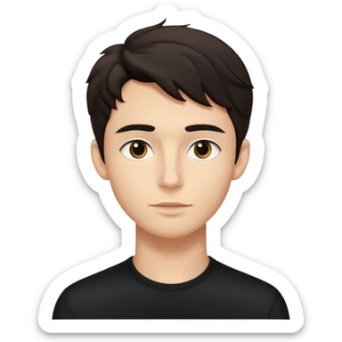 Minimalist emoji of a slender young man doing pilates, smooth rounded face, high cheekbones, almond eyes with dark brows, small button nose, soft lips, defined jawline, tousled dark wavy medium hair, boyish beauty, cute and expressive, flat colors, simple shading. Black accent outfit. sticker