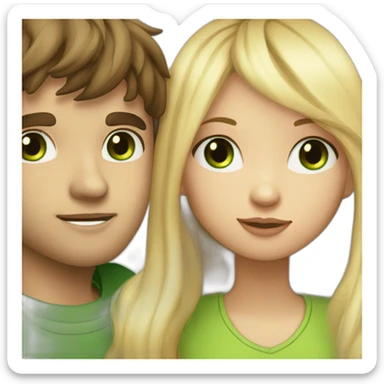 a blond boy with green eyes kisses a brunette girl with long straight hair and bright green eyes on the cheek sticker