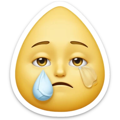 yellow emoji face with sad expression, large teardrop under one eye, white tissue wiping the tear held close to the face, white background, no text sticker