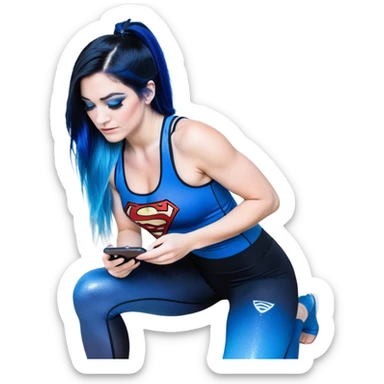 Shameful-big tears-head back texting on phone-very very large upper body-sexy face-bending forward at waist-very long very straight dark blue to light blue ombre hair-and-blue eyes-thick black eyeliner-thick long eyelashes-iridescent blue lowcut tanktop with black leggings with glitter superman logo sticker