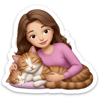 girl with wavy long brown hair, brown eyes, light to medium complexion, long lashes, light pink lipstick, smiling, wearing light pink shirt, sleeping on a cozy pillow, cuddling a tabby cat  sticker