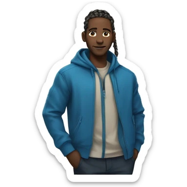 African man with braids and blue zip up jacket with anime shirt under jacket  sticker