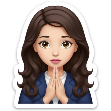 girl with wavy long glamorous dark brown hair, brown eyes, light to medium complexion, long lashes, light pink lipstick, praying sticker