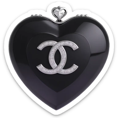 Remove the pearls, keep only the glossy black heart with a diamond accent and silver Chanel logo, elegant, black and white color scheme, keep the background transparent. sticker