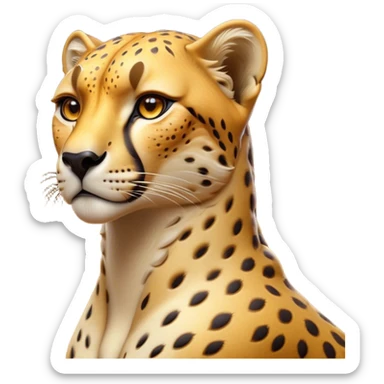 Cinematic Noble Cheetah Portrait Emoji, Poised and regal, with a lean, muscular build and a sleek, spotted Fur of golden hues, deep-set soulful amber eyes, Simplified yet sharp and sophisticated features, highly detailed, glowing with a warm, dignified glow, high shine, intelligent and swift, stylized with an air of wild elegance, focused and attentive, soft glowing outline, capturing the essence of a watchful and confident predator, so majestic it feels as though it could sprint out of the screen with effortless authority! sticker