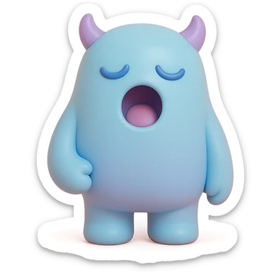 sleepy monster with half-closed eyes yawning, soft blue and lavender colors, toy-like vinyl figure style sticker