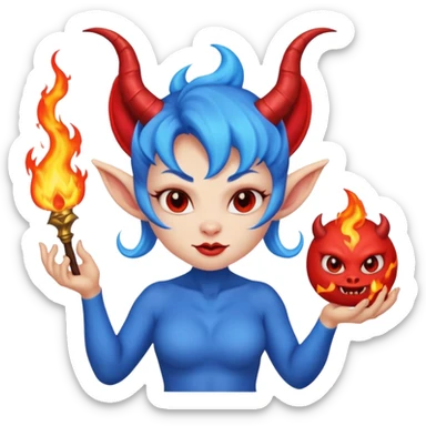Female devil Cute blue imp holding fireball,  cute face, half body sticker