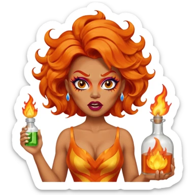 A fierce drag queen emoji with bright orange wavy hair styled with a bottle on top, dramatic makeup, expressive angry face, and an orange flame-themed dress. sticker