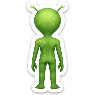 Add more details to this rear view alien in emoji style: visible antennae, subtle back ridges, small glowing spots, and a hint of feet, no background. sticker