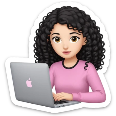 a girl typing mac book with long black curly hair and brown eyes with black eyeliner, pink shirt, social media manager sticker