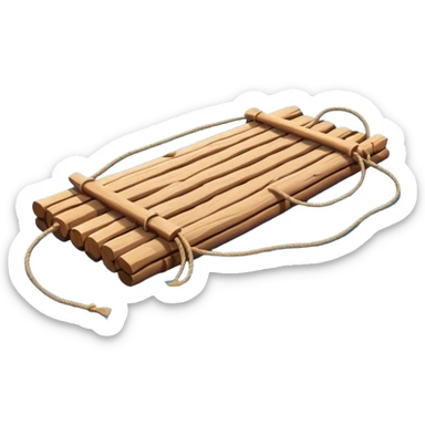 showing a simple wooden raft floating on calm blue water — made of several brown logs tied together with rope — gentle ripples around it — bright, cheerful lighting and soft shadows — minimalist, clean emoji design sticker