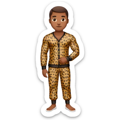 Handsome Black man with brown skin tone, with muscular build, wearing long sleeve leopard print pajamas and white slippers sticker