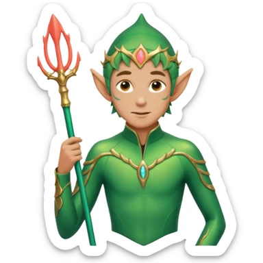 male elf in iridescent wetsuit, coral staff. Gills on neck legolas sticker