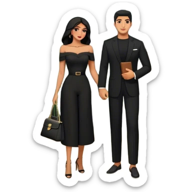 the Lebanese man dressed in all black, and the Palestinian woman in an elegant off-shoulder cream-colored outfit with a matching handbag. The background features a textured stone wall, an iron window, and lush greenery, adding a timeless, vintage charm to the scene. Arabic couple  sticker