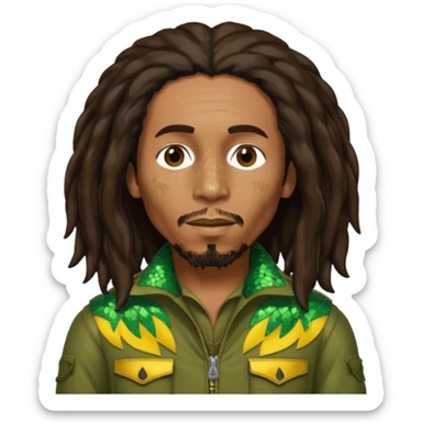 Bob Marley with long dark brown hair, olive sequin outfit sticker