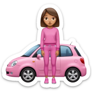 Create me a emoji girl with brown eyes in a pink outfit leaning on a car full body sticker