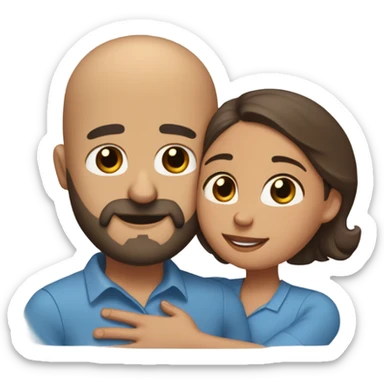Brown-haired Puerto Rican woman with dark brown eyes wearing a cute blue blouse giving comforting hug to short, bald man with brown eyes, laugh lines, and a beard sticker