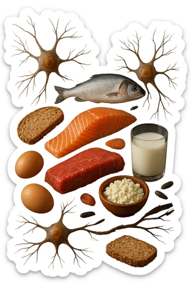 carne, pesce, uova, latticini, cereali integrali fluttuano in aria insieme a neuroni umani anatomici realistici, iperrealistici 4k sticker