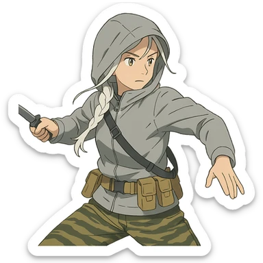 1 female, mid-20's  white hair long braid, gold yellow eyes, light gray rainproof waterproof tactical jacket, hood up, tight-fitting single point sling, tan mag pouches on belt rig, tiger stripe camo pants, holding a combat blade, striking, swinging sticker