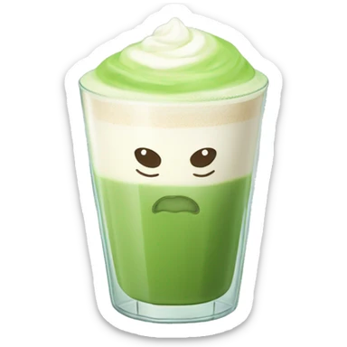 A frothy matcha latte in a clear glass cup with a simple heart design in the foam. sticker