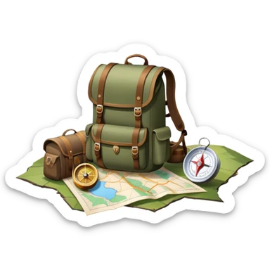 Icon for Expeditions: a compass, a map, and a backpack with trekking gear, placed on a rugged mountain terrain with snow-capped peaks. The icon should evoke the spirit of adventure and discovery in remote, unexplored places. Transparent background. sticker