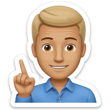 man pointing with index finger on his hand, who taps their temple with a finger and smiles knowingly. Expression: 'clever idea' sticker