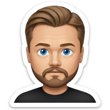 a good looking like leonardo di caprio blue eyes, beard, mustache, a black shirt, green not blue eyes, hair tied to the back sticker