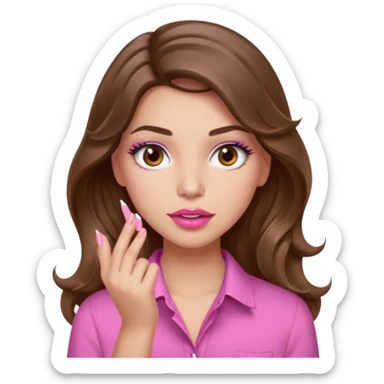 girl with long wavy brown hair, brown eyes, light to medium complexion, in a pink shirt, pink lips, long lashes, puckered lips, showing off a pink manicure sticker