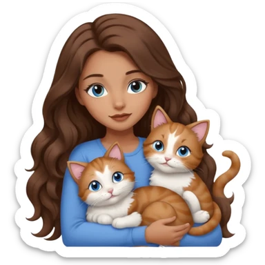 girl with long wavy brown hair, blue eyes, long lashes makeup, cuddling with 6 cute cats sticker
