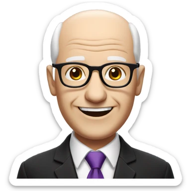 white, bald old man wearing a black suit with a purple tie and glasses, with no mustache, smiling with teeth sticker