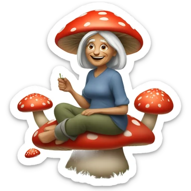 60 year old woman sitting on red mushroom holding daisies sticker