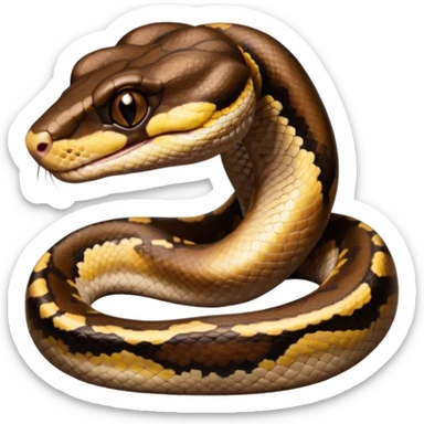 A photo-realistic digital illustration of a Ball Python, large headshot portrait. The snake has a short, rounded snout, smooth contours, and a calm, curious expression. Its head is warm brown with bold, irregular dark markings, including the signature “alien-head” pattern.  sticker