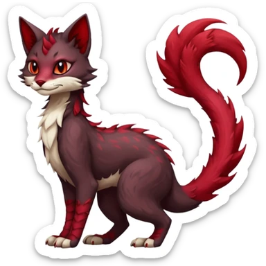 Kawaii dark-brown and crimson-red beautiful pretty elegant divine edgy fantasy feline-vernid-sergal-fursona animal creature with a tufted tail full body with intricate markings  sticker