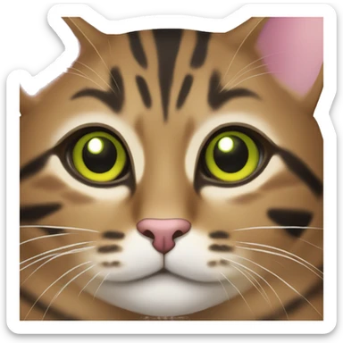 brown tabby cat with black stripes and yellow-green eyes and pink nose and white mouth sticker