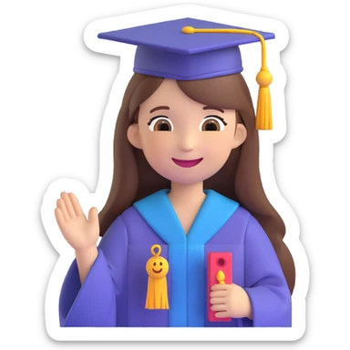 girl with long brown hair in graduation clothes with hat and robe smiling, emoji style sticker