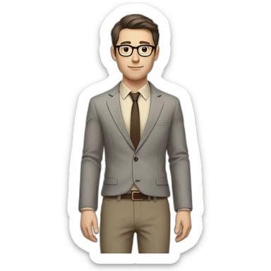 Full height Pale skinned fit man with dark brown hair in gray jacket, beige office shirt, brown tie, brown pants and vintage glasses. His right hand stretched out sticker
