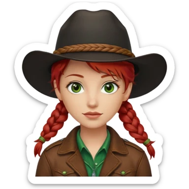 cowgirl with red hair green eyes black hat one braid in hair over right shoulder sticker