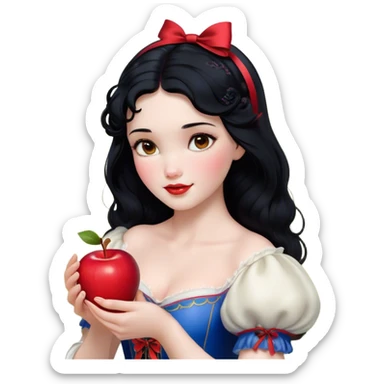 Cinematic Realistic Snow White Portrait, depicted with lifelike skin texture, soft natural lighting, and intricately detailed black hair styled with a red ribbon. Her soft brown eyes radiate innocence and kindness, complemented by a warm, gentle smile. She holds an apple in one hand, her other hand resting against her cheek, embodying her purity and charm. She is dressed in her classic yellow, blue, and red gown, the fabric rich in texture with delicate folds that catch the light beautifully. The portrait features a soft, natural glow with a radiant finish, capturing the essence of timeless beauty in a realistic and painterly style. sticker