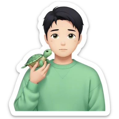 Gorgeous pastel green sweater black hair anime style shojo guy with blushing face and, turtle, aesthetic, young adult, trending style outside  sticker