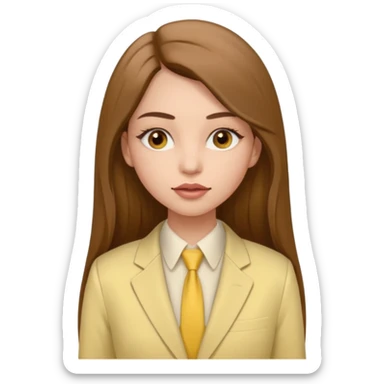 a young woman in a pale yellow pantsuit.   She has brown eyes and very long brown hair. The hair parting is straight in the middle and the skin color is light. Lips are inflated. And thickened eyelashes, Waist-length sticker