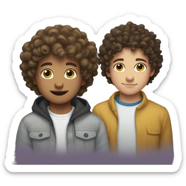 cartoon photo of both a mixed teen with curly hair and white teen boy with wavy short  hair ,  sticker