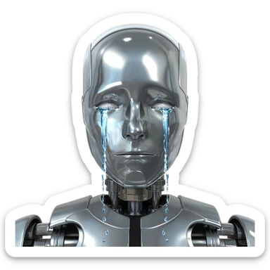 robot crying with streams of water coming out of his eyes sticker