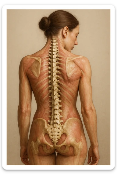 CORPO UMANO ANATOMICO di una donna con spalle chiuse e postura incurvata, spina dorsale in evidenza, IPERREALISTICO 4K sticker