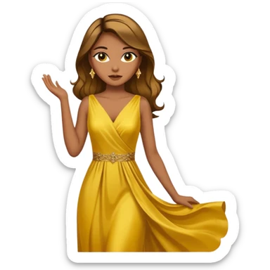 Woman using a long elegant yellow dress. She has medium skin tone and a brown with gold makeup sticker