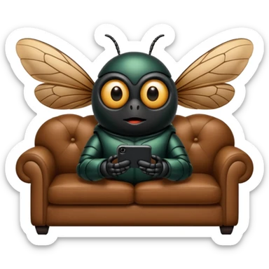Black Cicada cartoon style with black shiny round eyes watching on a phone sit on a brown sofa  sticker