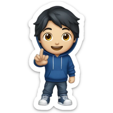 gamer boy with dark hair and dark brown eyes in dark blue hoodie waving hello sticker